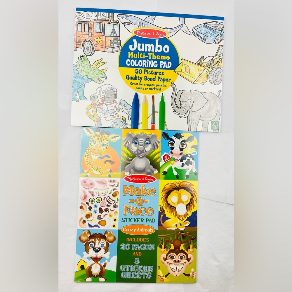 2-Pack ~Melissa & Doug~Jumbo multi-Theme Coloring Pad & Make-a-Face Sticker Pad